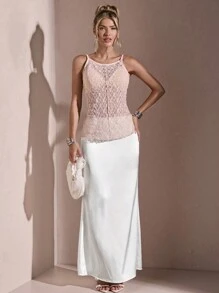 SHEIN BAE Váy trắng viền nàng tiên cá màu trơn thanh lịch dành cho nữ cho mùa xuân/hè - trắng - Xem 5