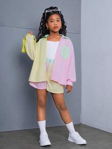 SHEIN 3入組青少女色塊條紋寬鬆襯衫、寬鬆短褲和背心套裝 - 彩色 - 查看 9