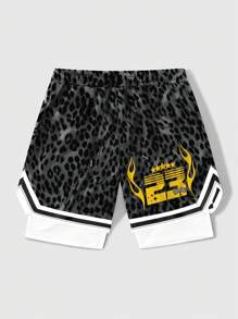 ROMWE MEN Street Life Men's Leopard Print Sports Basketball Shorts With Breathable Mesh Fabric, Suitable For Daily Wear In Spring And Summer, School - Black - View 1