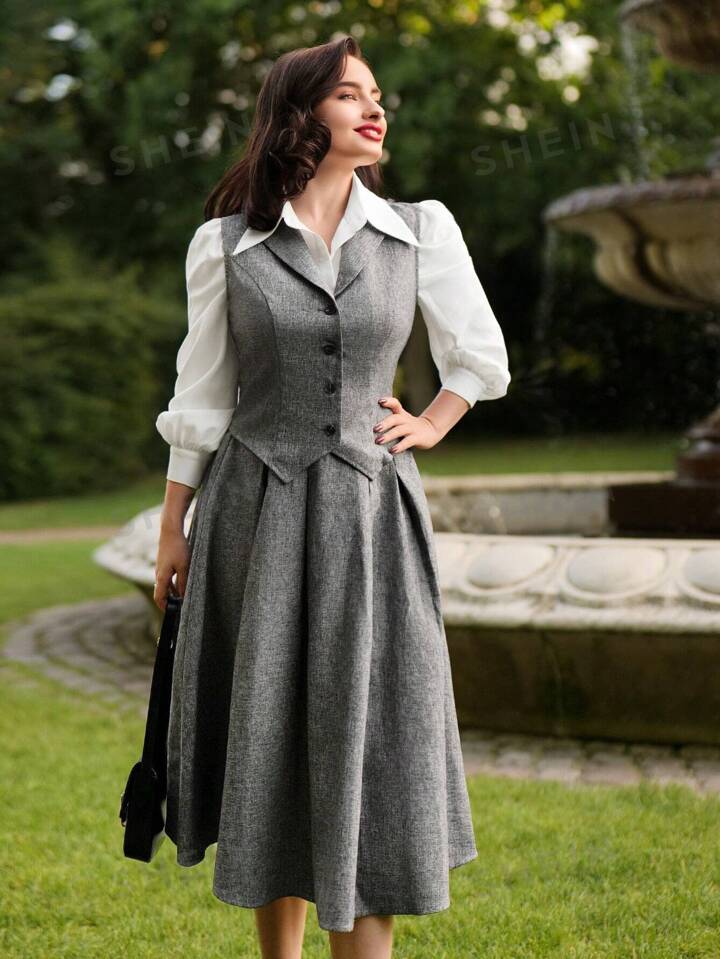 SHEIN DECDS Vintage College Style Women s 2pcs Grey Vest Skirt Suit With Lapel Collar Fall Women Clothes Two Piece Outfits Vest Set Back To School