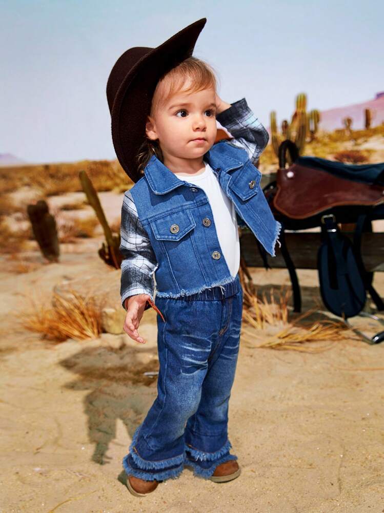 SHEIN Bé Gái Mùa Thu Mới Denim Xanh Miếng Dán Cường Lực Kẻ Sọc Trắng Đen Dài Tay Áo Thoáng Mát & Dễ Thương Cho Hàng Ngày Thể Thao Thông Thường - Nhiều màu - Xem 5