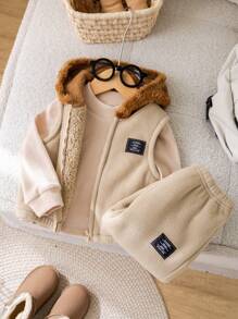 SHEIN 3入組嬰兒男/女休閒連帽背心、運動衫和加厚長褲套裝，秋冬季 - 彩色 - 查看 4