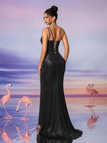 AOSHABABI Women Sparkly Floral Decor Mesh Patchwork High Slit Formal Evening Gown, Suitable For All Formal Occasions, Galas, Wedding Guests, Festivals, Proms, Cocktail Parties, Dating, Vacation And Bridesmaid Dresses - Black - View 3