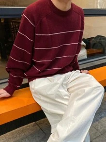 DAZY 秋季男士休闲红色拼色条纹毛衣 - 紅色 - 查看 8