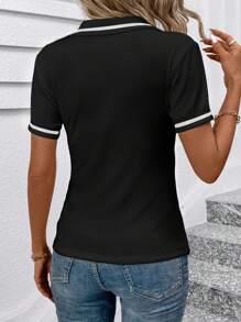 SHEIN Clasi 女士短袖修身T恤，帶對比色拉鍊 - 黑色 - 查看 2