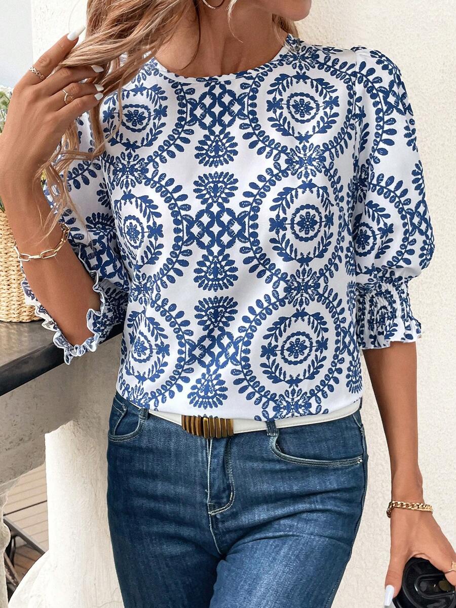 SHEIN Clasi 中长款蓝白田园风印花圆领女衬衫初秋女士上衣教师服女复古衣服蓝色衬衫短袖上衣 - 藍白色 - 查看 1