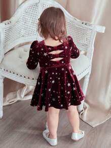 SHEIN 女婴圣诞红丝绒星形镂空优雅长袖连衣裙，秋冬季，适合派对、生日、聚会 - 酒紅色 - 查看 3