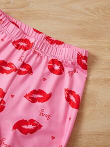 SHEIN Leap Crew Tween Girl Spring/Summer Casual Knit Digital Printed Round Neck Long Sleeve Pajama Set - Pink - View 3