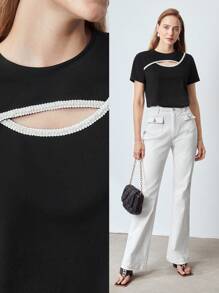 MOTF PREMIUM PEARL CUTOUT TOP,SUMMER OUTFITS - Black - View 2