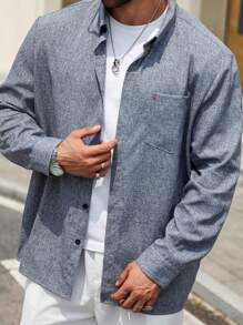 Manfinity Homme Men's Plus Size Solid Color Simple Daily Shirt Plain Casual - Blue - View 6