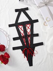 Exotic-Bondage Body Teddy con cuello halter y parte delantera con cordones