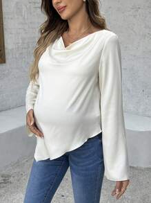 SHEIN Maternity Spring/Summer Casual Solid Color Draped Neck Flare Sleeve Shirt - Apricot - View 5