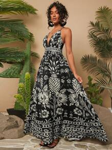 Travachic 假日編織印花V領帝國腰裙裝 - 黑與白 - 查看 1