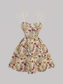 SHEIN MOD Vintage Palazzo 复古印花吊带短裙、女士复古服装、秋季连衣裙、返校服装、返校节连衣裙、生日服装、女士邮轮旅行服装、派对连衣裙、法式连衣裙、早午餐服装 - 彩色 - 查看 1