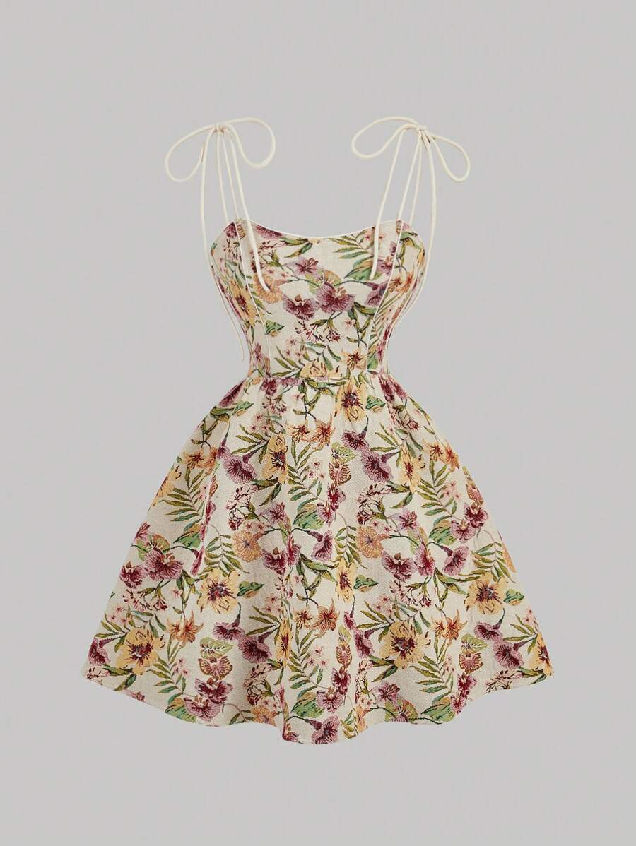 SHEIN MOD Vintage Palazzo 复古印花吊带短裙、女士复古服装、秋季连衣裙、返校服装、返校节连衣裙、生日服装、女士邮轮旅行服装、派对连衣裙、法式连衣裙、早午餐服装 - 彩色 - 查看 1