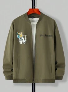Manfinity Roughcore Men Letter & Dragon Graphic Bomber Jacket Without Tee - Army Green - View 2
