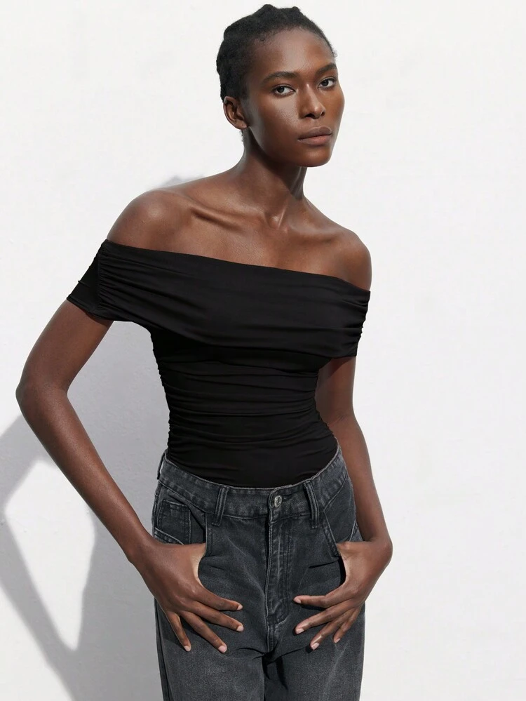 SHEIN Maija Draped Black Bodysuit, Form-Fitting Party Outfit For Women, Versatile For Spring/Summer,Off The Shoulder Top,Autumn Outfits For Women  St Patrick's Day Women Easter Summer Outfits Easter Dress Women Party Top Beach Dress Summer Holiday Outfits Each Vacation Outfits For Women  Summer Outfit For Women Going Out Outfits Graduation Graduation Outfit  Casual Dresses  Casual Blouses For Women
