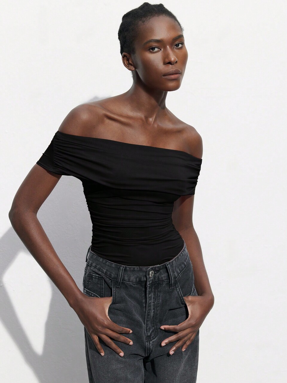 SHEIN Maija Draped Black Bodysuit,Off The Shoulder Form-Fitting Summer Top,Seksi Chic Night Out Party Outfit For Women,Versatile Vacation Beach Graduation Blouses