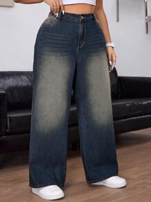 SHEIN ICON Plus Size Ladies' Loose Fit Wide Leg Casual Boyfriend Jeans With Pockets