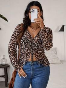 SHEIN VCAY Top corto con estampado de leopardo y cordón ajustable de talla grande para vacaciones y tiempo de ocio - Marrón - Ver 5