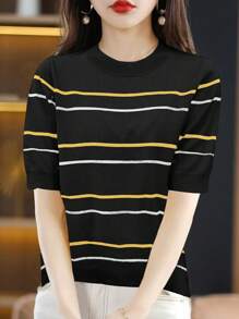EMERY ROSE Striped Short-Sleeved Knitted Top - Black - View 5