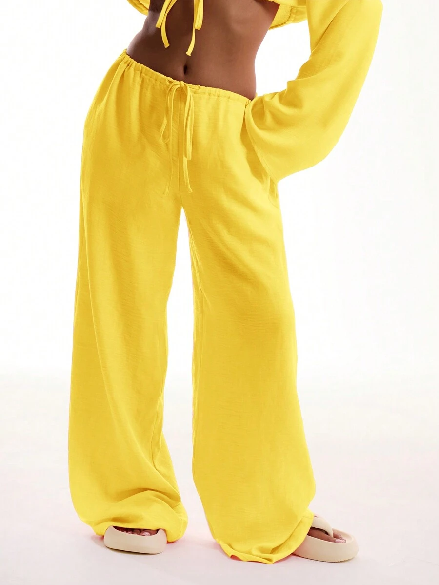 MUSERA 系带亚麻质感沙滩裤，适合度假、夏季波西米亚风、优雅、假日、机场派对等场合 - 黃色 - 查看 1