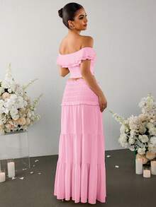 PARTHEA Off Shoulder Ruched Twist Fron Crop Top & Low Waist Ruffles Skirt Set - Pink - View 3