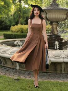 Vintamour 复古优雅女式无袖连衣裙，双排扣设计，咖啡棕色，喇叭裙，栗色方领栗色秋季连衣裙，女士优雅商务休闲女士服装 - 咖啡棕 - 查看 5