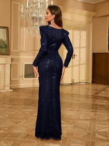 UNITHORSE Square Neckline Sequin Long Sleeve Formal Dress, Elegant Evening Wedding Guest Dress, For Graduation, Dinner Party Dress, Bride Dress, Birthday Women Outfits, Dress,Gown - Navy Blue - View 2