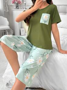 Floral Print Pocket Patched PJ Set / Pajama Set - Green - View 5