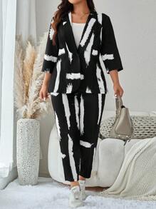 SHEIN LUNE Conjunto de ropa de mujer con chaqueta y pantalones estampados en blanco y negro con grafiti, ropa de invierno, conjunto de negocios casuales, blusa de trabajo, blusa de negocios, talla grande - Blanco y Negro - Ver 4