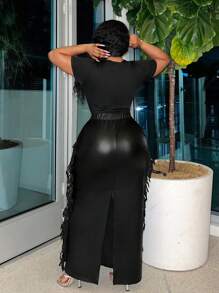 Slaydiva Plus Size Elegant Party Bodycon Black Skirt With Fringe Side Details And High Back Slit, Spring/Fall - Z, For Winter