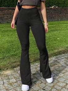 Fashion Me Solid Color Slim Fit Flared Casual Pants, Polyester Fabric With Ribbed Ribbed Pattern, Elastic Waist, Suitable For Sports, Casual Wear, All Seasons, Carnival Black Spring - Black - View 5