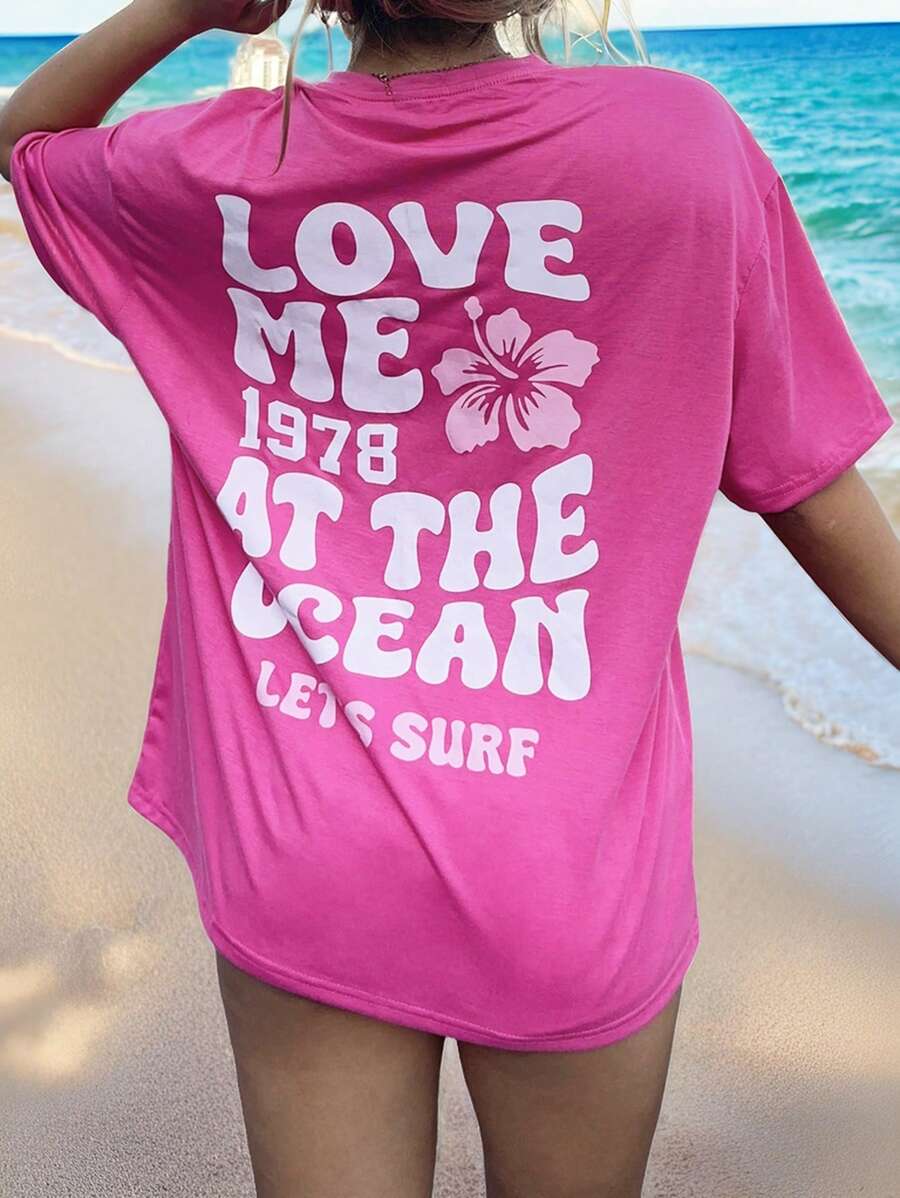 SHEIN EZwear Casual "Love" Slogan & Hibiscus Print Oversized Women Short Sleeve T-Shirt Adequado para Outdoor, Praia Pullover - Rosa Quente - Ver 1