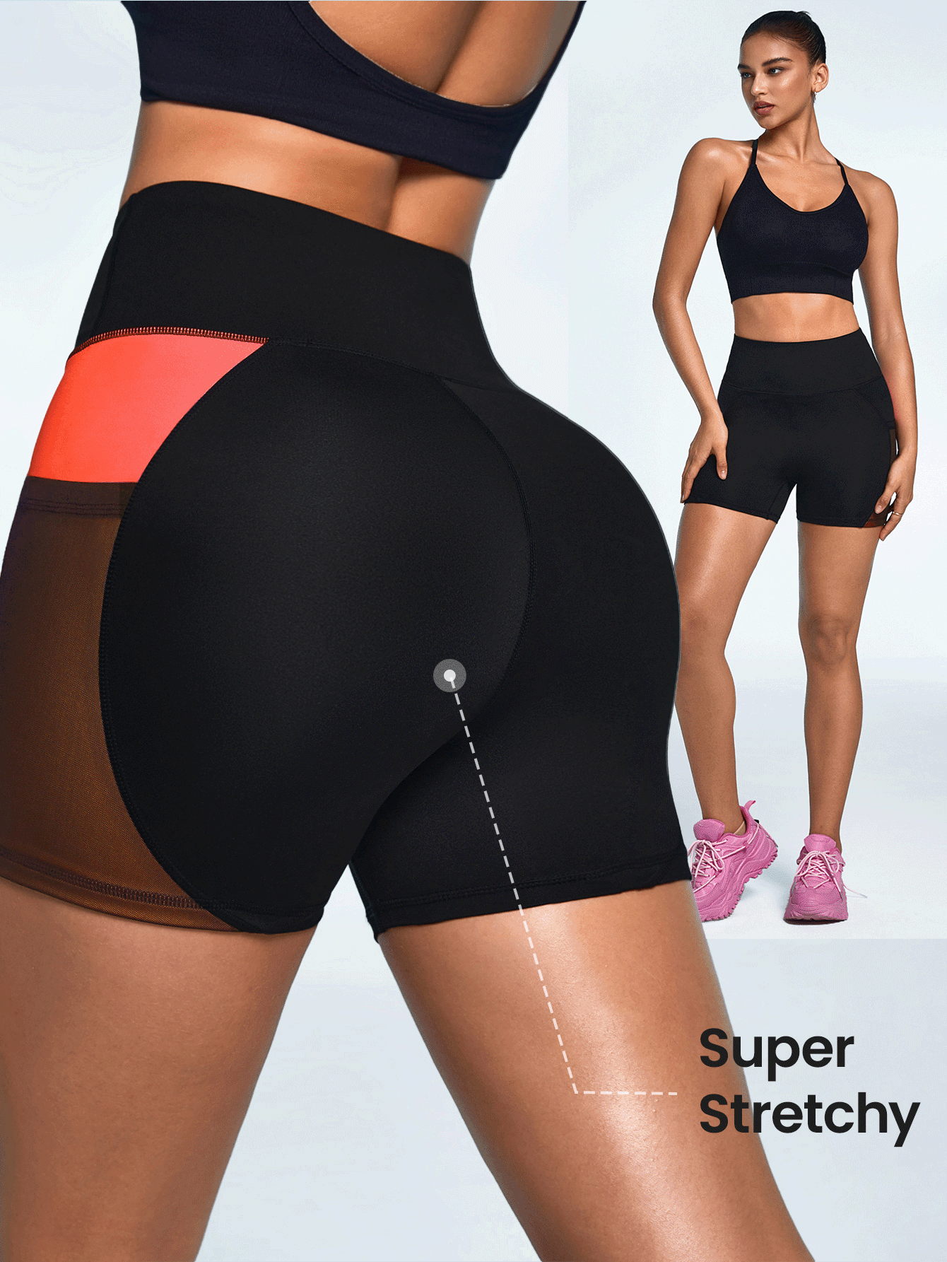 Easithlete Pantalones cortos de yoga con bolsillos, transpirables y sexys con malla y contraste, para refrescantes entrenamientos de verano - Naranja - Añade 3