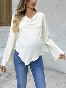 SHEIN Maternity Spring/Summer Casual Solid Color Draped Neck Flare Sleeve Shirt - Apricot - View 4