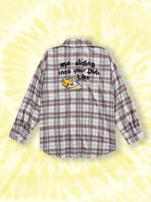 Gudetama X SHEIN 大碼休閒可愛寬鬆Melrad街頭服風格卡其襯衫，蛋及字母格紋印花圖案，適用於秋季 - 彩色 - 查看 8