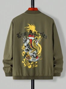 Manfinity Roughcore Men Letter & Dragon Graphic Bomber Jacket Without Tee - Army Green - View 3