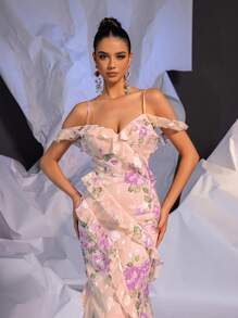 SHEIN Belle Váy dạ hội trang trọng nhiều lớp in họa tiết sứa viền chiffon lãng mạn cho nữ (Phiên bản dày) Váy dự tiệc cưới thanh lịch, dự tiệc tốt nghiệp, váy dự tiệc tối - Hồng - Xem 5