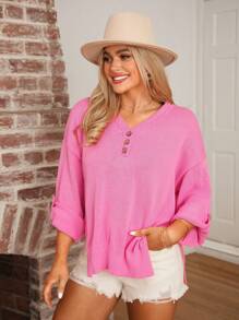 SHEIN LUNE Fashionable Pink Cardigan Sweater With Buttoned Cuffs And Thin Knit - Pink - View 3