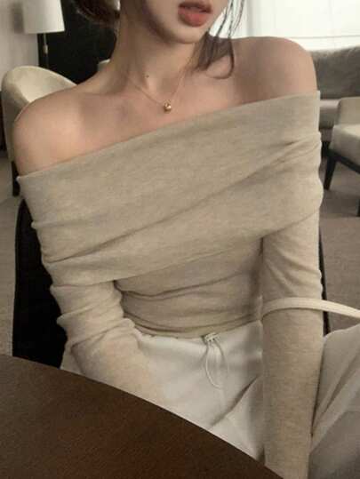 DAZY 女士纯色露肩长袖修身毛衣，秋季露肩毛衣，长袖上衣，秋季女装