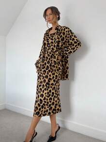 SHEIN Essnce 2pcs Women Leopard Print Shirt & Dress Suit Set, Autumn Outfit, Female Apparel, Leopard Pattern Clothing, 2-Piece Set, Ladies Office Suit, Long Sleeve Shirt, Leopard Print