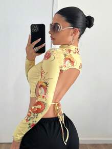 SHEIN ICON Áo thun cổ đứng hở lưng lưng dài in họa tiết Y2K hình rồng mùa thu hở lưng - Màu vàng - Xem 1