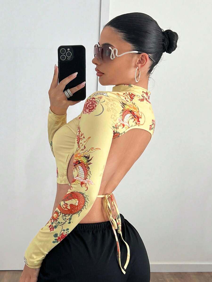 SHEIN ICON Áo thun cổ đứng hở lưng lưng dài in họa tiết Y2K hình rồng mùa thu hở lưng - Màu vàng - Xem 1