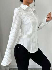 Rafferiza 性感白色條紋襯衫女裝，秋季時尚甜美顯瘦襯衫，配有波浪襯衫袖