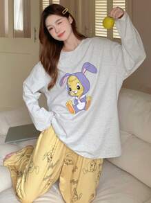 DAZY Cute Cartoon Pattern Printed Round Neck Long Sleeve Top And Pants Set - Yellow - View 8