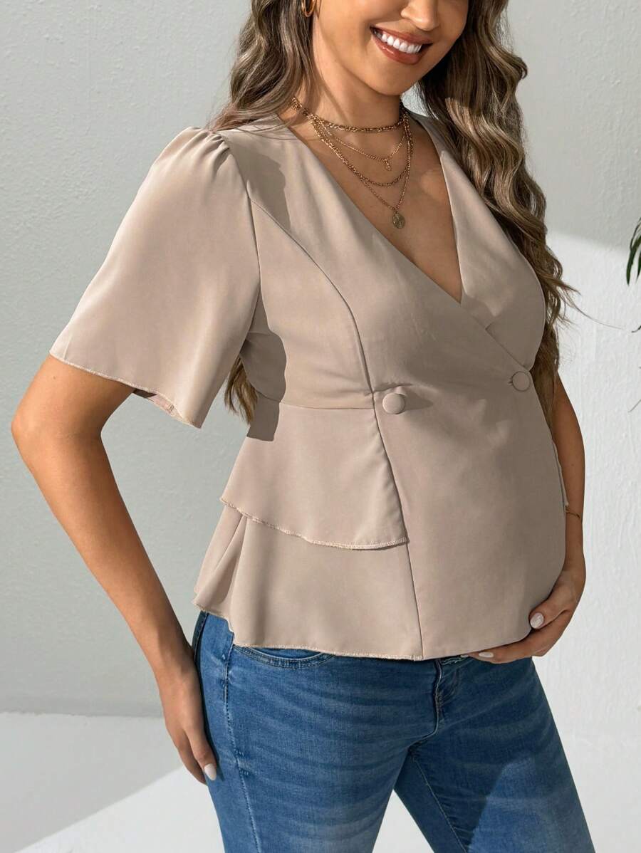 SHEIN 孕婦v領假扣短袖純色休閒襯衫 - 卡其色 - 查看 1