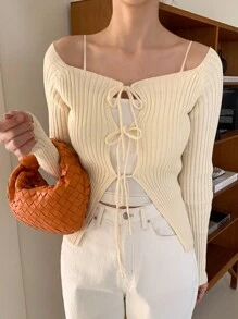 DAZY 女士纯色系带方领长袖开衫，秋季服装 - 杏色 - 查看 9