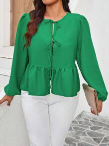 SHEIN LUNE 大码圆领蝴蝶结长袖衬衫秋季女装秋季女装职业上衣商务休闲女士工作衬衫商务衬衫 - 綠色 - 查看 5