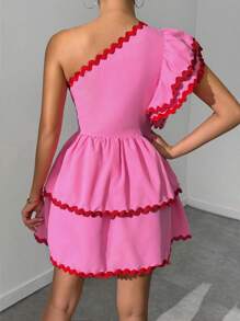 Chiquease Colorblock Border Trim Wave Hem One Shoulder Dress, Casual Vacation - Pink - View 2